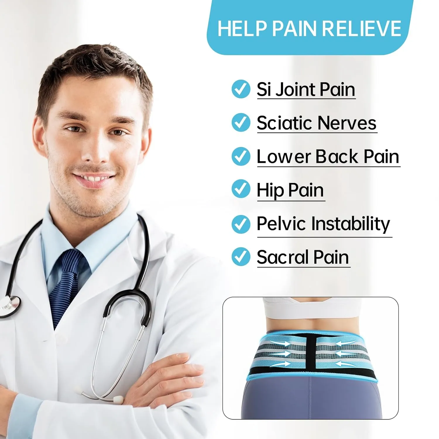 SI Belt - Sacroiliac Hip Belt for Women Men, SI Joint Support Belt Relief Device for Sciatica, Lower Back Pain, Hip & Pelvic Pain, Large Trochanteric Brace - Blue, Plus (Hip Size 47''-58'')