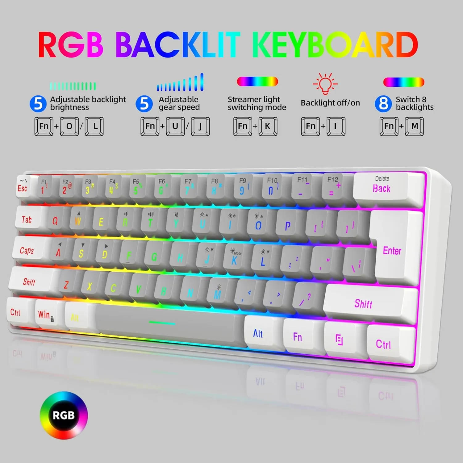 Snpurdiri 60% Wired Gaming Keyboard, SmallUltra-Compact 61 Keys RGB Backlit 60 Percent Gaming Keyboard for PC/Mac Gamer, Typist, Travel, Easy to Carry on Business Trip(White-Grey)