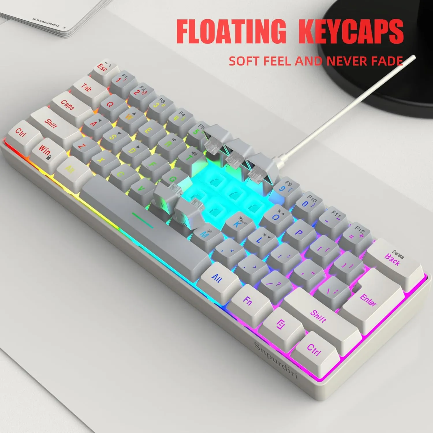 Snpurdiri 60% Wired Gaming Keyboard, SmallUltra-Compact 61 Keys RGB Backlit 60 Percent Gaming Keyboard for PC/Mac Gamer, Typist, Travel, Easy to Carry on Business Trip(White-Grey)