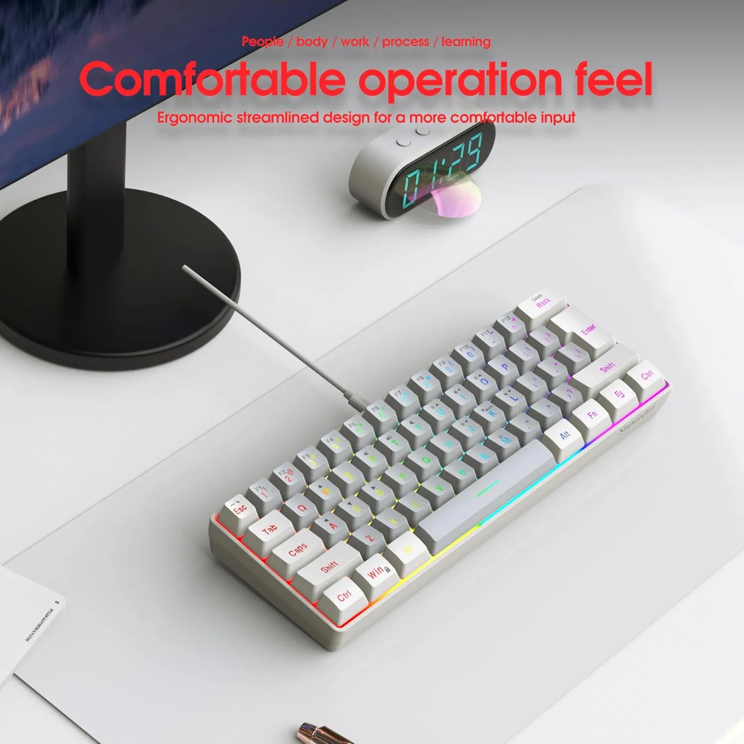 Snpurdiri 60% Wired Gaming Keyboard, SmallUltra-Compact 61 Keys RGB Backlit 60 Percent Gaming Keyboard for PC/Mac Gamer, Typist, Travel, Easy to Carry on Business Trip(White-Grey)