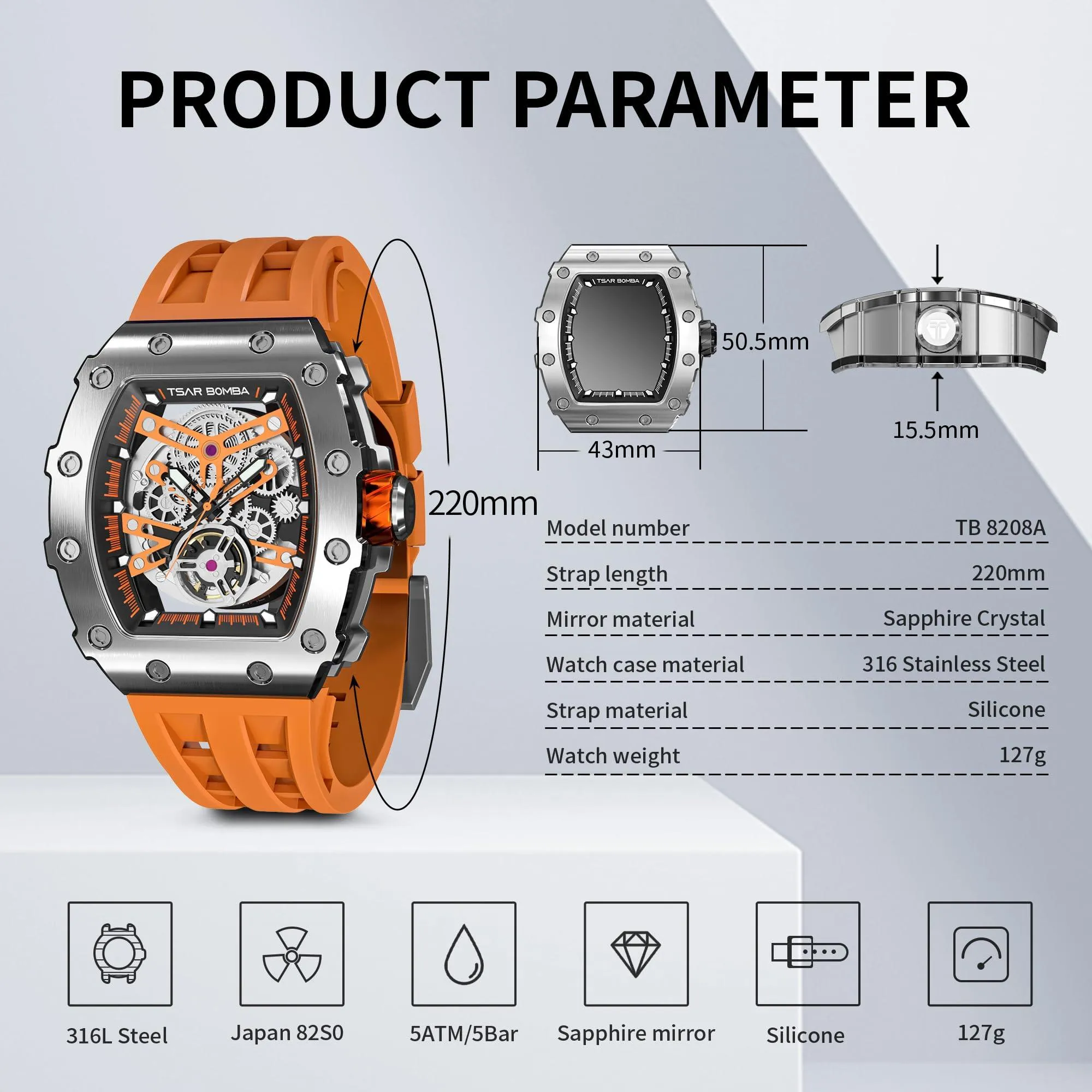 TSAR BOMBA Watch for Men, 50M Waterproof