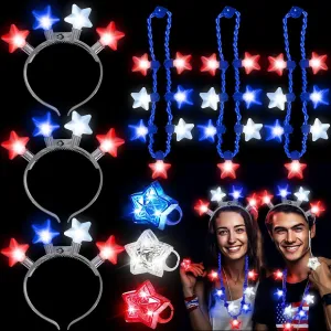 TURNMEON 9 Pack 4th of July Party Favor, 4th of July LED Light Up Necklace Headband Ring Red White Blue Stars Patriotic Accessories Party Supplies for Kids Adults Independence Day, Memorial Day
