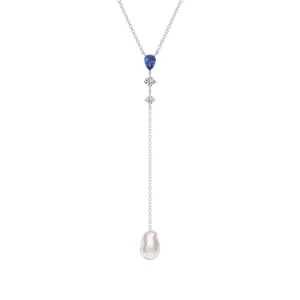 Unique Baroque Pearl and Sapphire Morden Y Lariat Necklace
