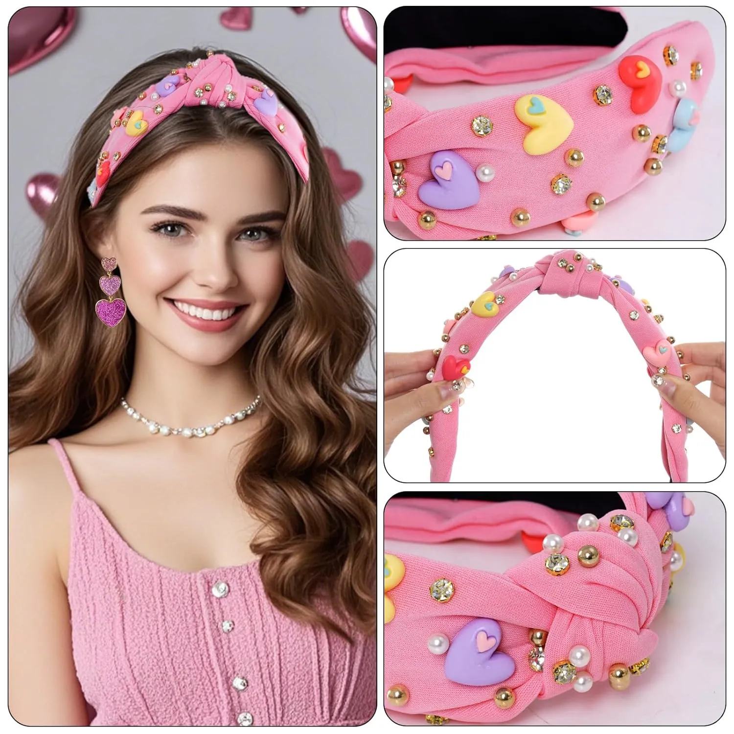 Valentine's Day Headbands Love Heart headbands for Women Rhinestone Headbands for Valentines Day Gifts (Pink, one size)