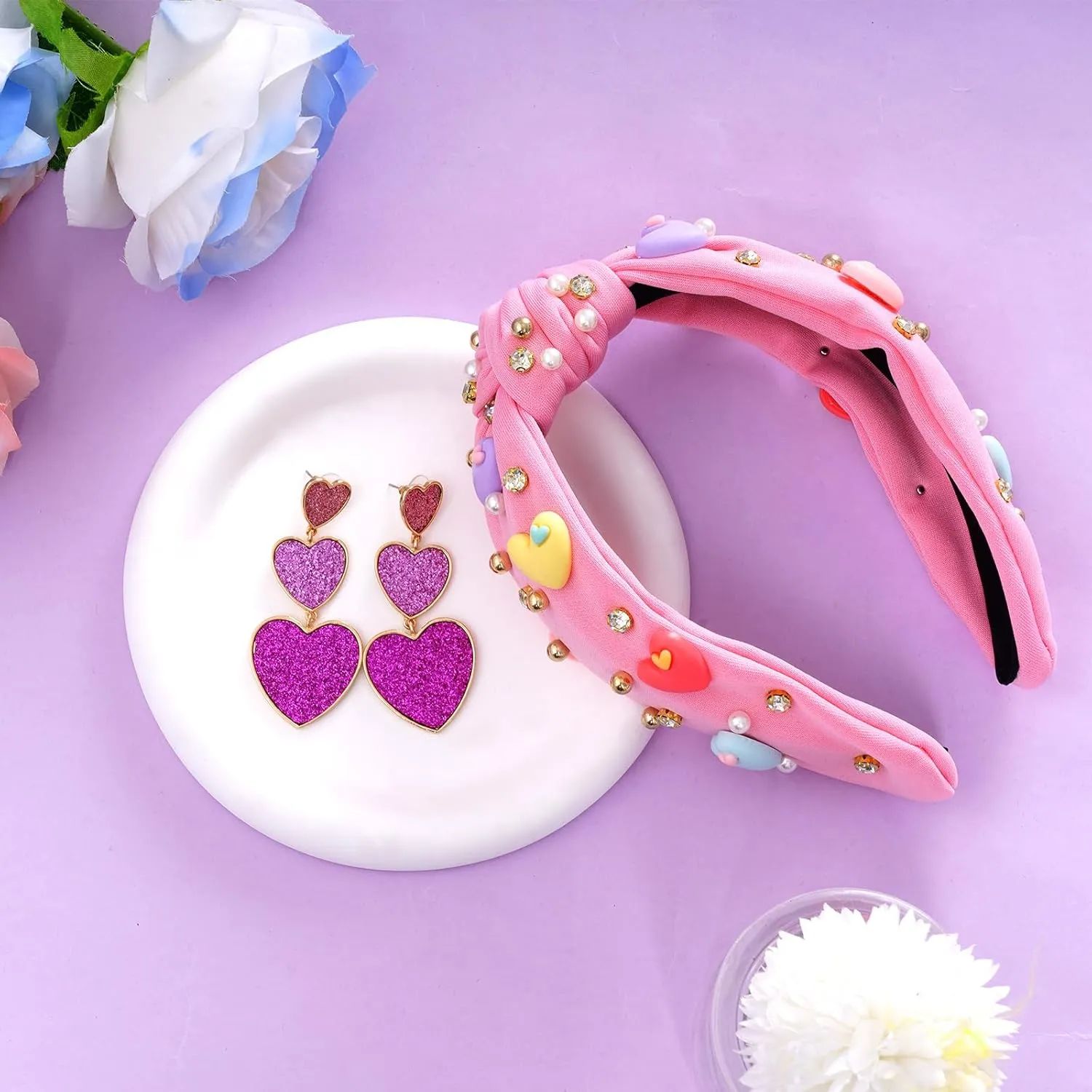 Valentine's Day Headbands Love Heart headbands for Women Rhinestone Headbands for Valentines Day Gifts (Pink, one size)