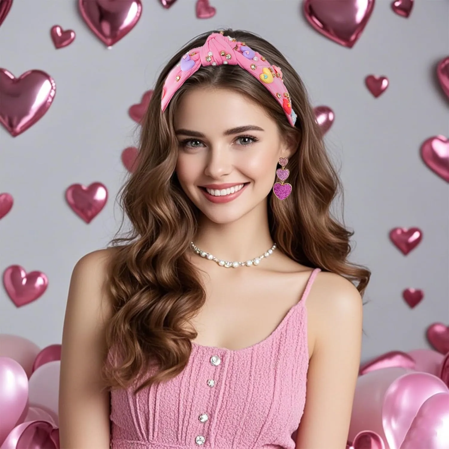 Valentine's Day Headbands Love Heart headbands for Women Rhinestone Headbands for Valentines Day Gifts (Pink, one size)