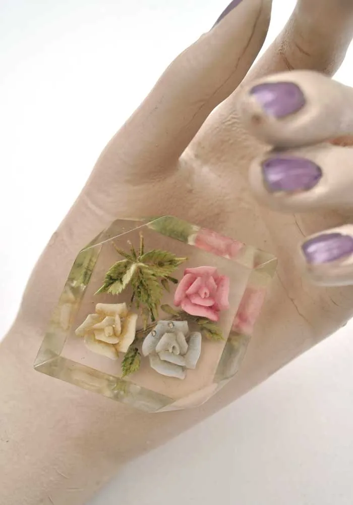 Vintage 1930s Reverse Carved Lucite Floral Brooch Pin