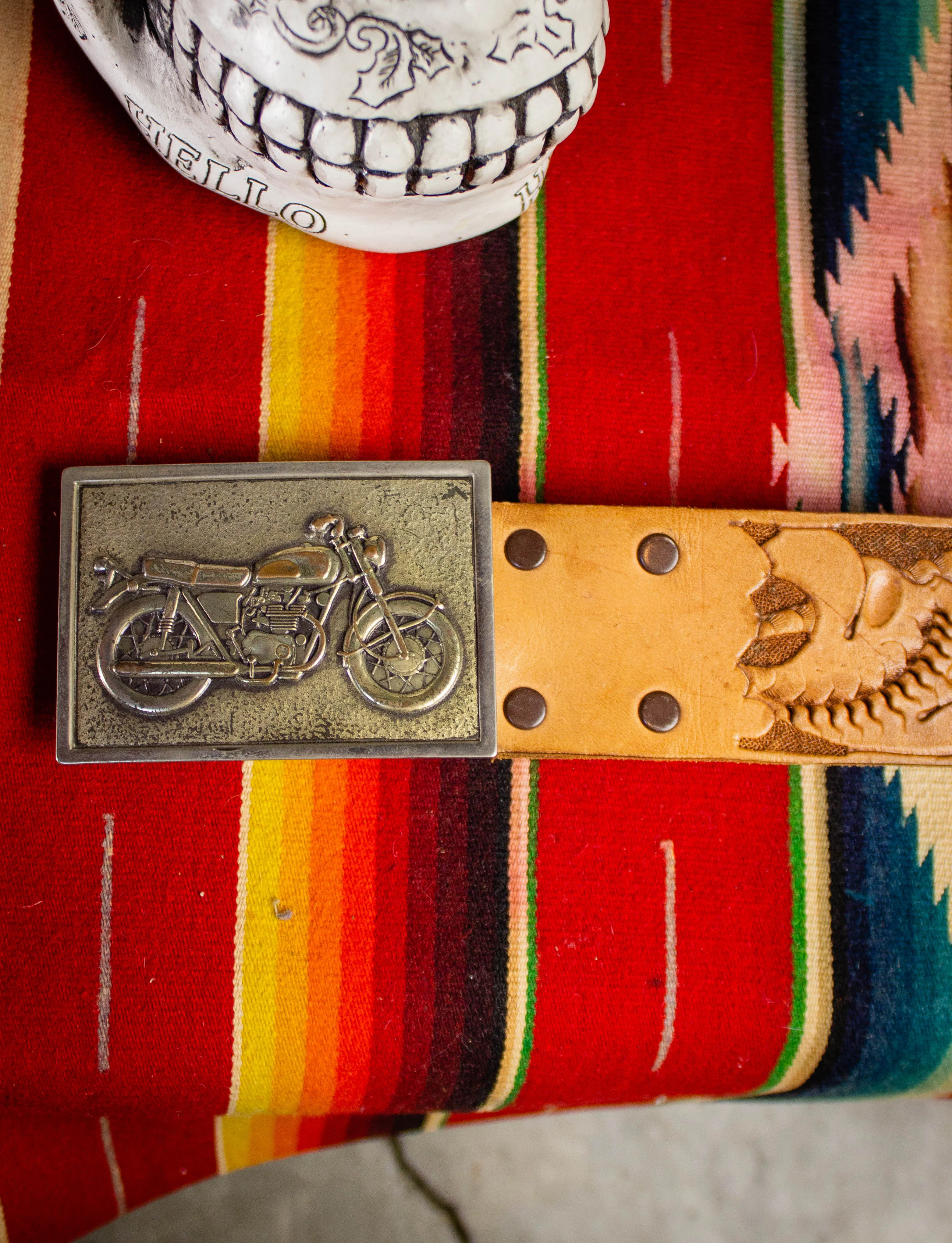 Vintage Brown Tooled Leather Belt Motercycle Buckle 44"