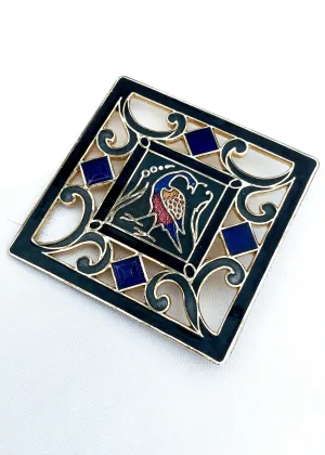 Vintage Enamel Cloisonné Phoenix Bird Square Brooch