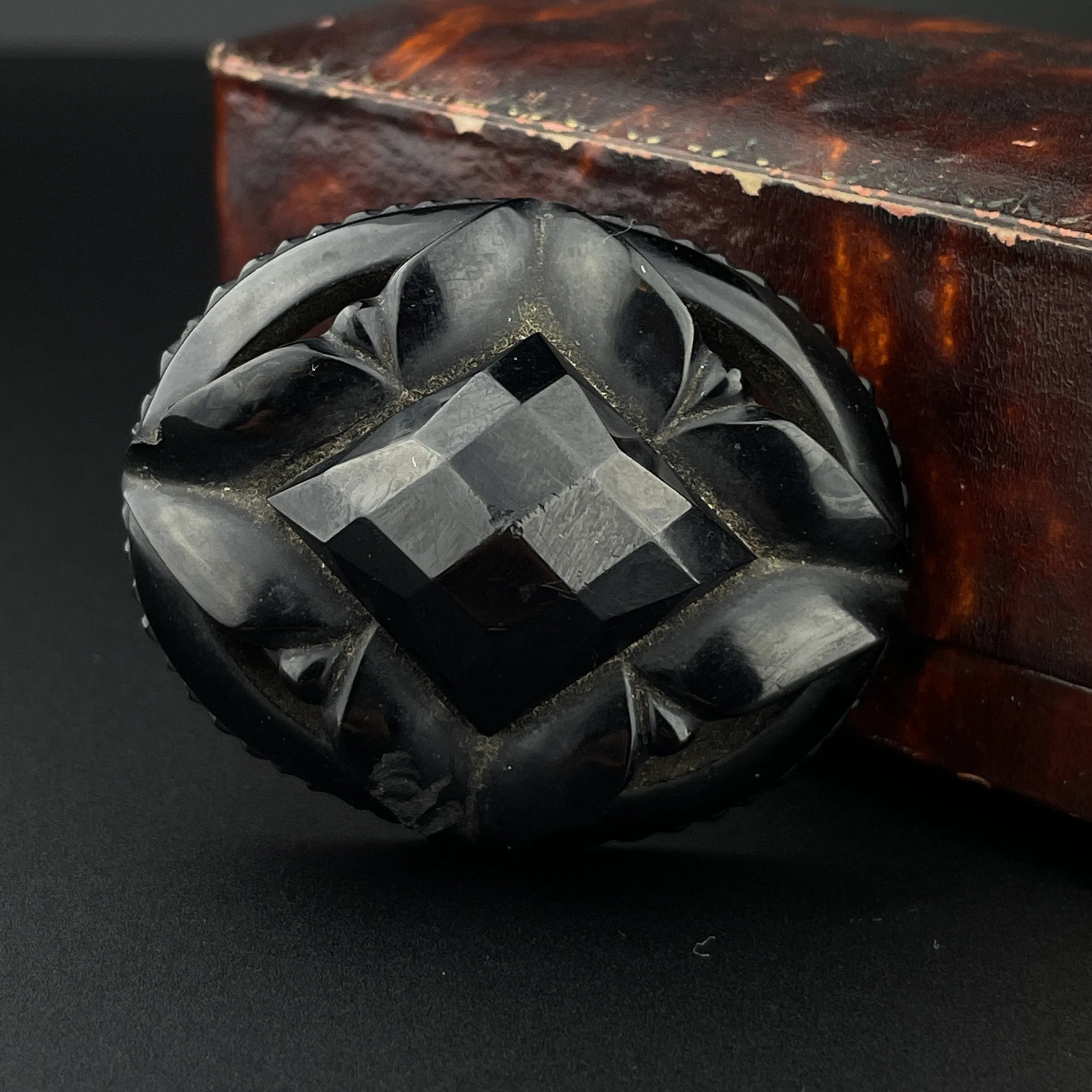 Vintage Victorian Mourning Carved Whitby Jet Large Brooch Pin