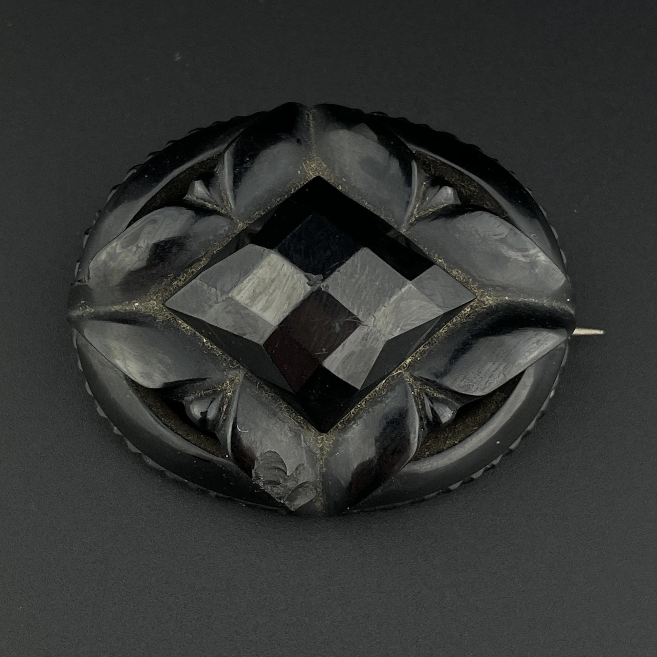 Vintage Victorian Mourning Carved Whitby Jet Large Brooch Pin