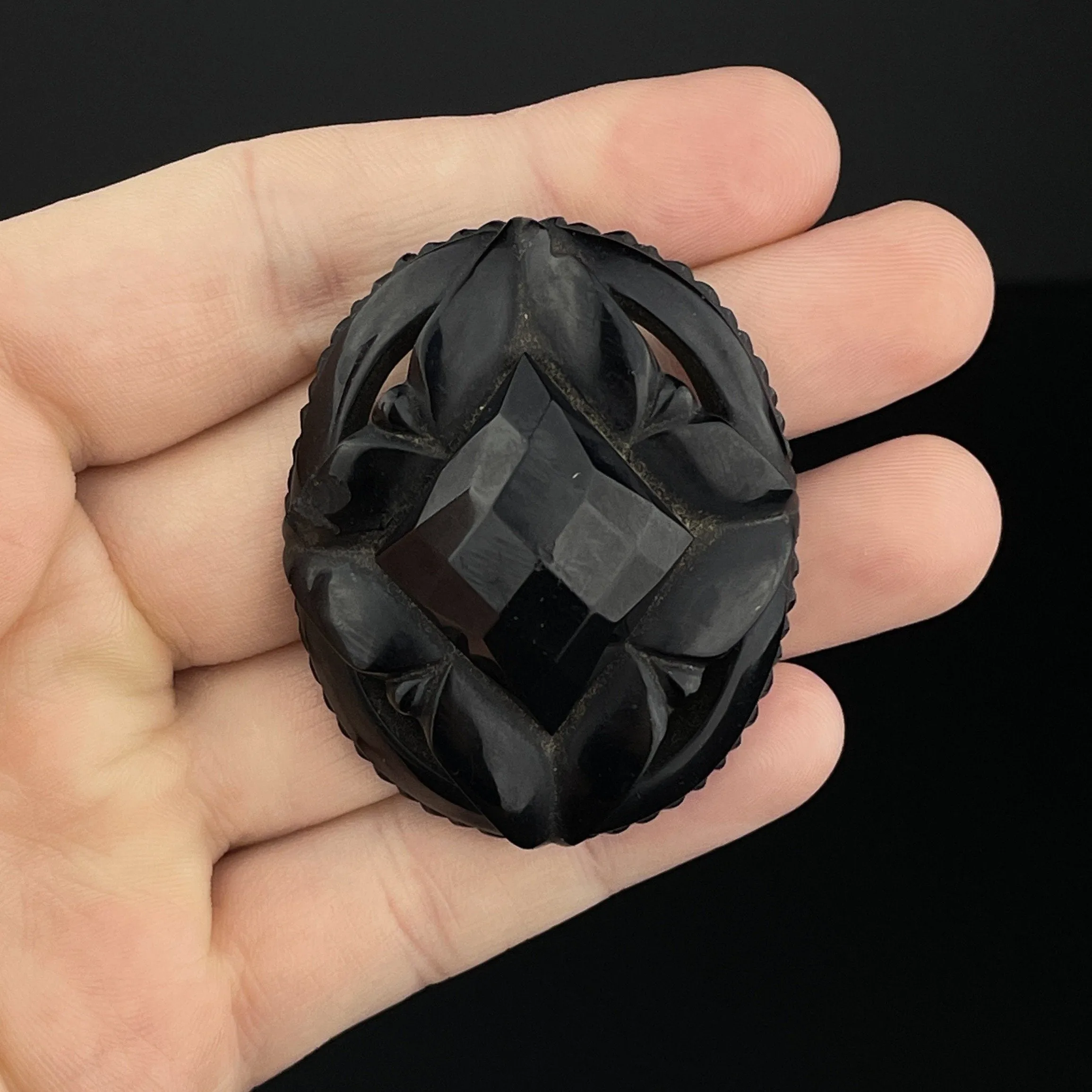 Vintage Victorian Mourning Carved Whitby Jet Large Brooch Pin