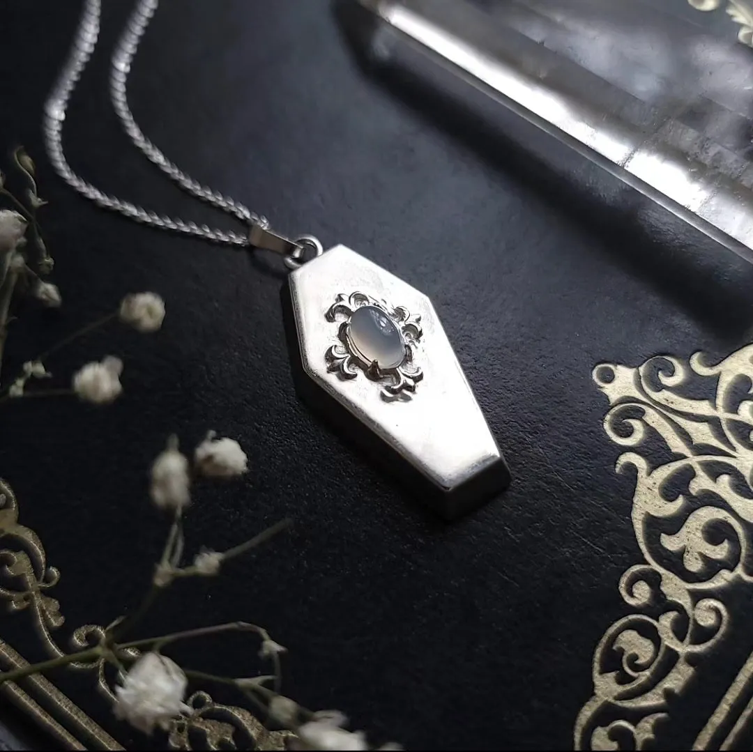 White Moonstone Coffin Necklace - Sterling Silver