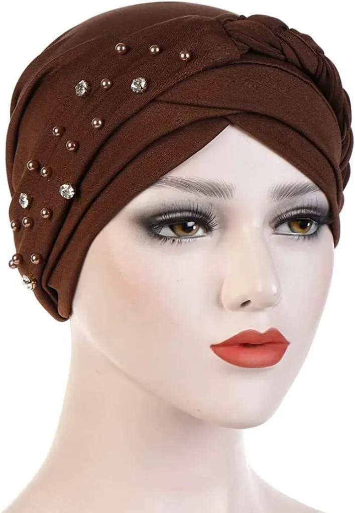 Women Girls Turban Hat, Rhinestone Pearl Braid Turban Head Wrap Baggy Slouchy Beanie Chemo Cap Headwear Hair Wrap