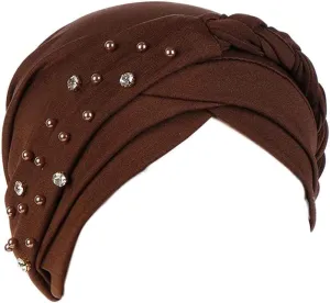 Women Girls Turban Hat, Rhinestone Pearl Braid Turban Head Wrap Baggy Slouchy Beanie Chemo Cap Headwear Hair Wrap