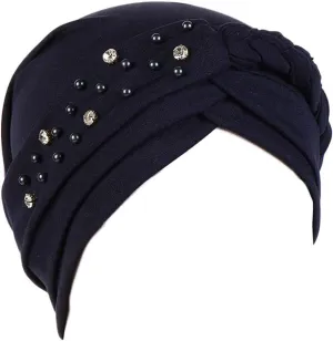 Women Girls Turban Hat, Rhinestone Pearl Braid Turban Head Wrap Baggy Slouchy Beanie Chemo Cap Headwear Hair Wrap
