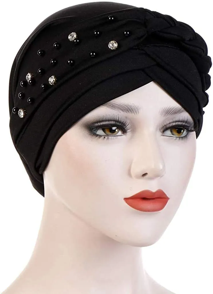 Women Girls Turban Hat, Rhinestone Pearl Braid Turban Head Wrap Baggy Slouchy Beanie Chemo Cap Headwear Hair Wrap