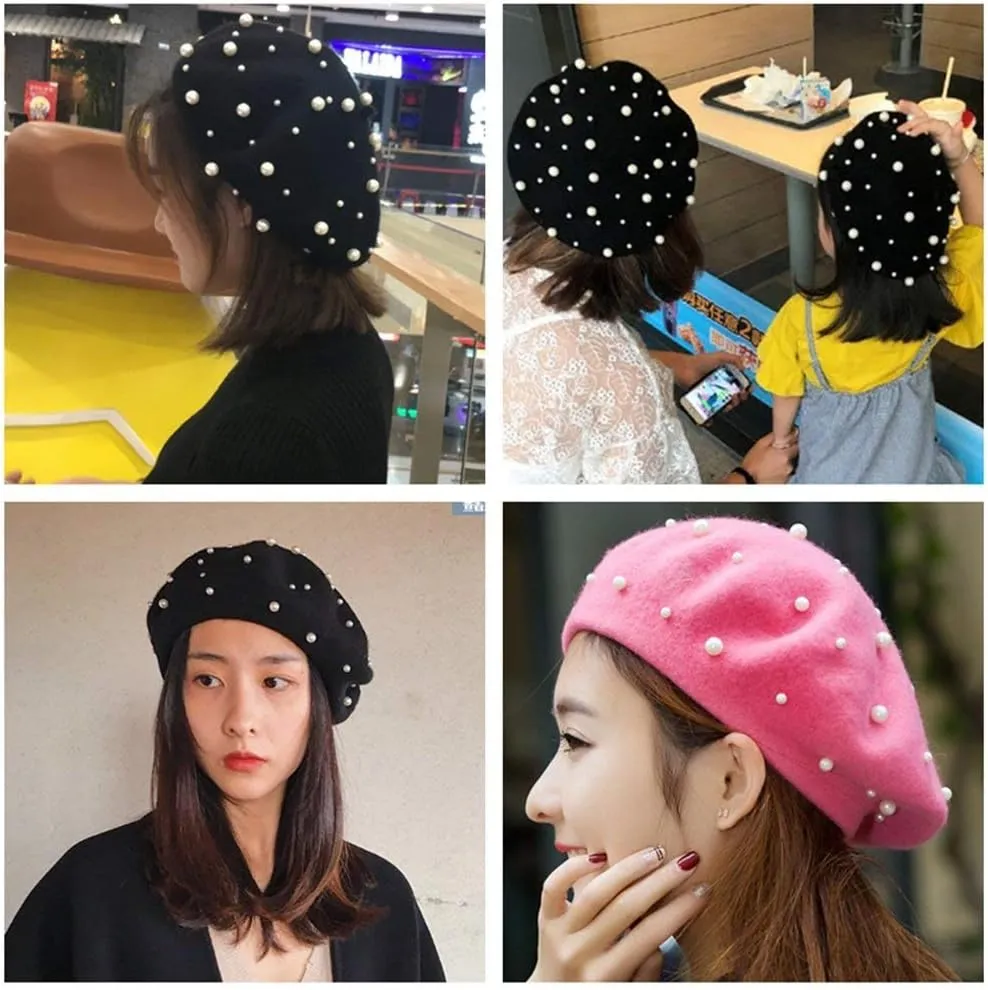 Women's Wool Berets Sweet French Pearl Beaded Beret Cap Winter Hat Knitted Beanie Hat for Girls