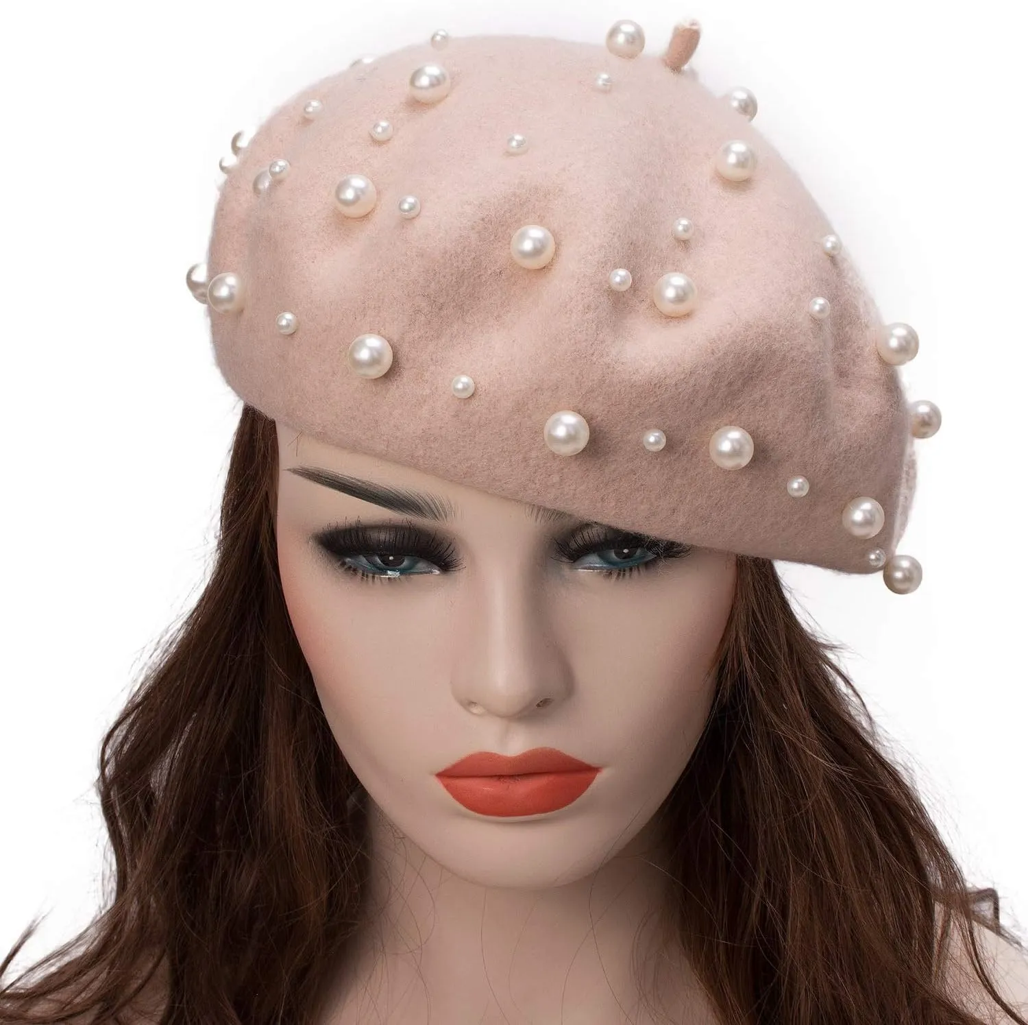 Women's Wool Berets Sweet French Pearl Beaded Beret Cap Winter Hat Knitted Beanie Hat for Girls